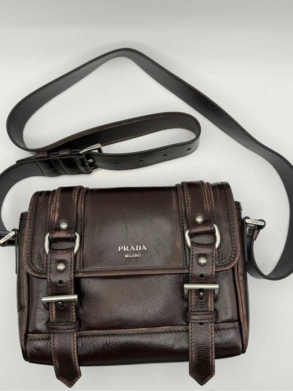 Prada Brown Leather Messenger Bag with Buckle Straps